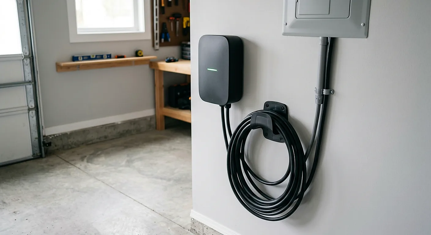Frisch montierte Wallbox in einer Garage